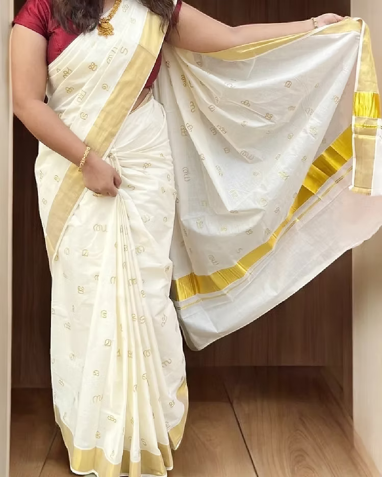 Aksharamala Embroidery Golden Kasavu Premium Cotton Saree with Blouse