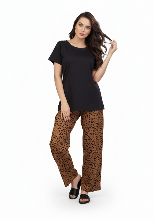 Black T-Shirt & Brown Speckle Print Pajamas Set