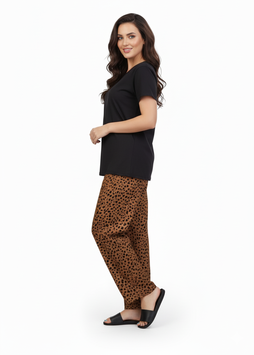 Black T-Shirt & Brown Speckle Print Pajamas Set