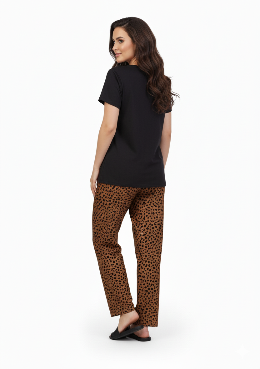 Black T-Shirt & Brown Speckle Print Pajamas Set