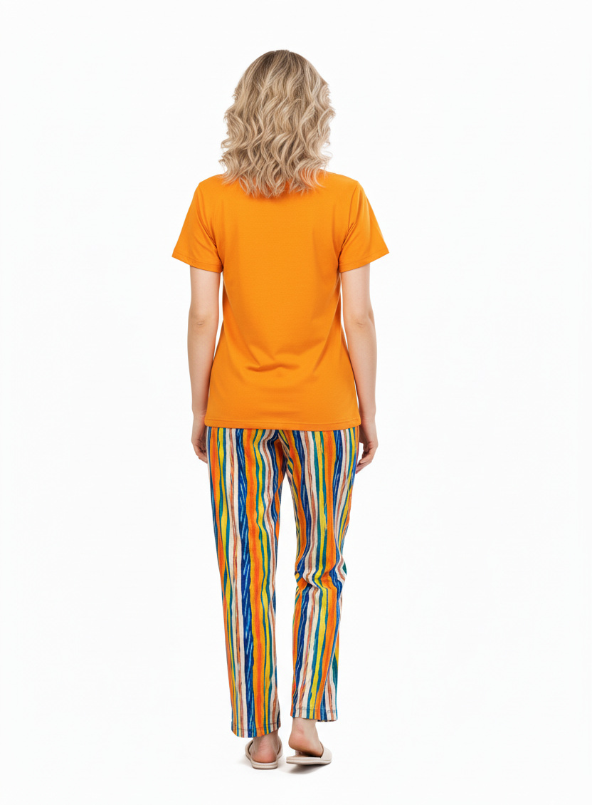 Orange T-Shirt & Multi-Color Abstract Striped Pajamas Set