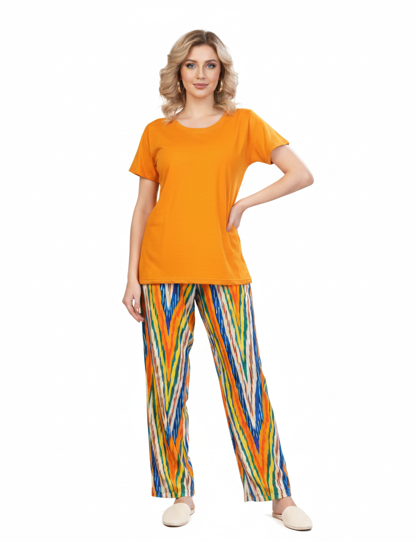 Orange T-Shirt & Multi-Color Abstract Striped Pajamas Set