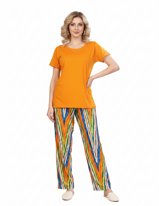 Orange T-Shirt & Multi-Color Abstract Striped Pajamas Set
