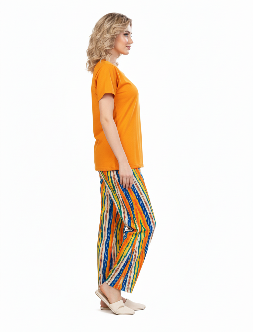Orange T-Shirt & Multi-Color Abstract Striped Pajamas Set
