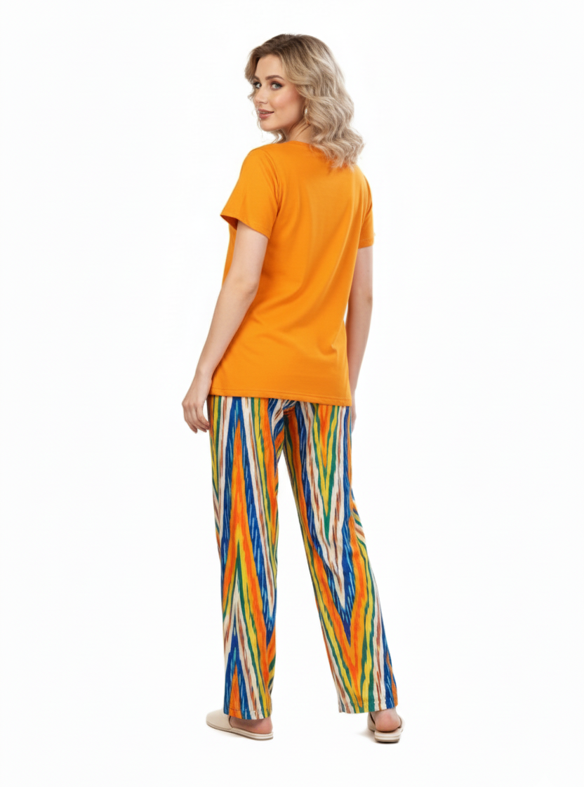 Orange T-Shirt & Multi-Color Abstract Striped Pajamas Set
