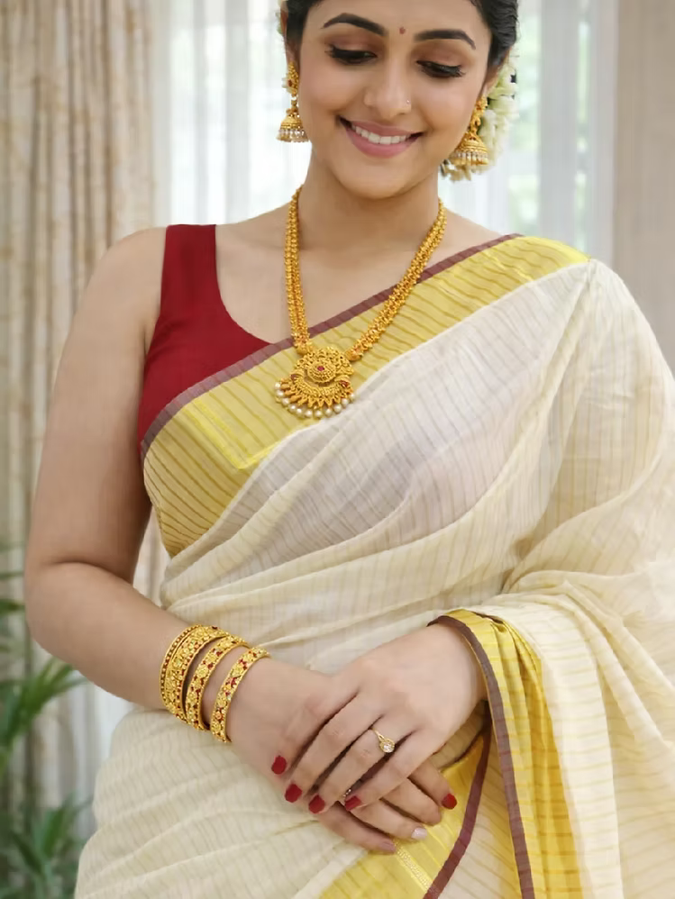 Maroon Stripe Kerala Cotton Kasavu Saree with Golden Border