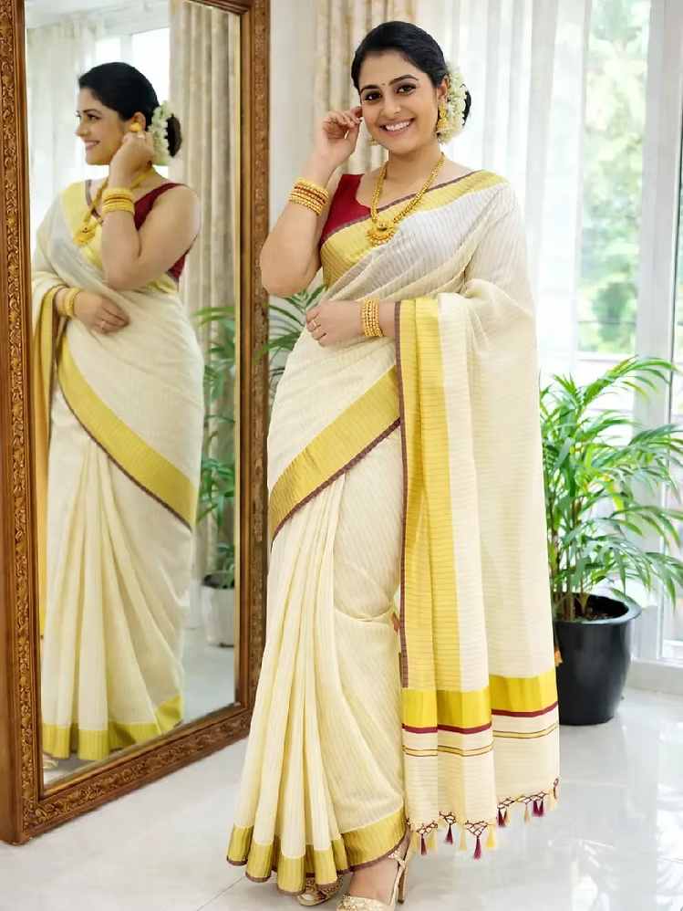 Maroon Stripe Kerala Cotton Kasavu Saree with Golden Border
