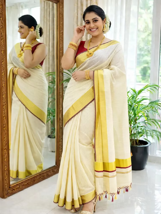 Maroon Stripe Kerala Cotton Kasavu Saree with Golden Border