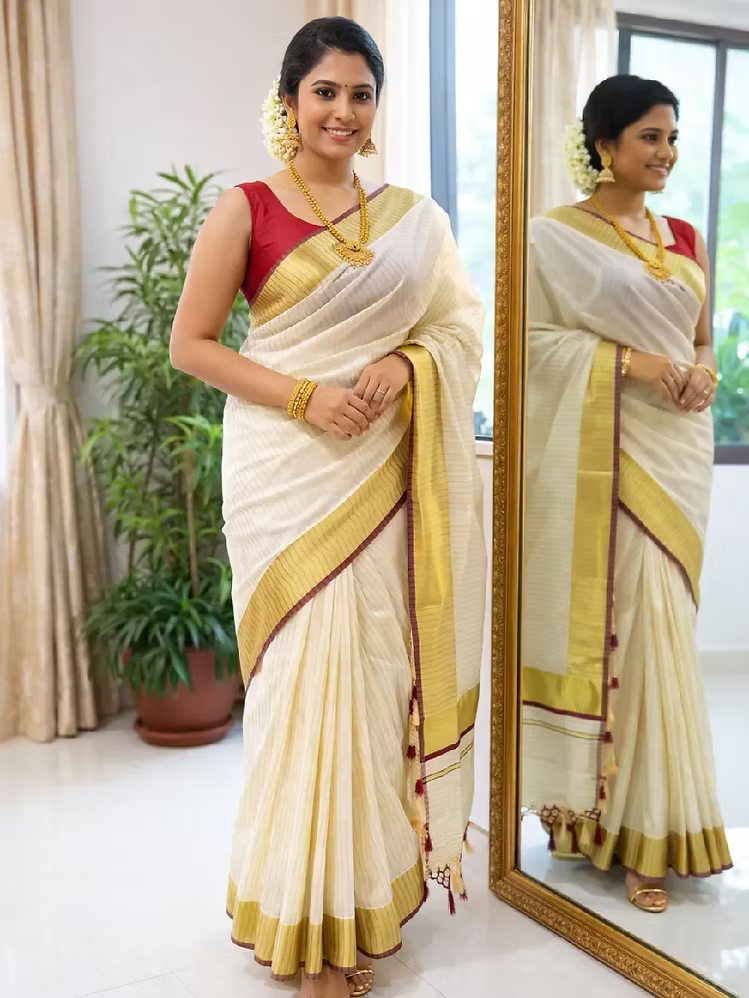 Maroon Stripe Kerala Cotton Kasavu Saree with Golden Border