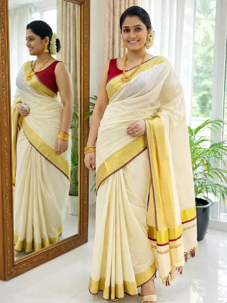 Maroon Stripe Kerala Cotton Kasavu Saree with Golden Border
