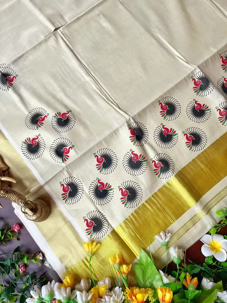 Mayura Motif Golden Kasavu Tissue Saree