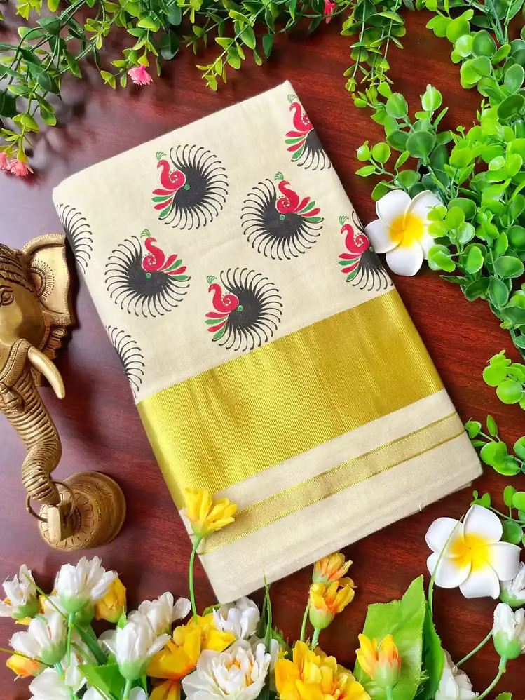 Mayura Motif Golden Kasavu Tissue Saree