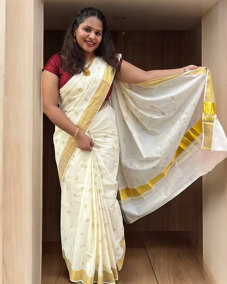 Aksharamala Embroidery Golden Kasavu Premium Cotton Saree with Blouse