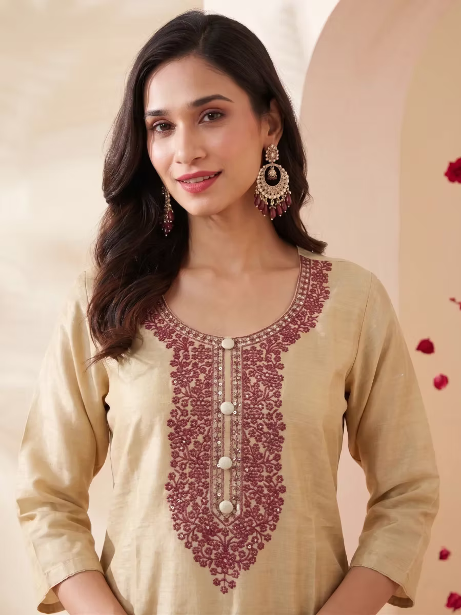 Golden Tissue Rouge Pink Embroidery Kurti