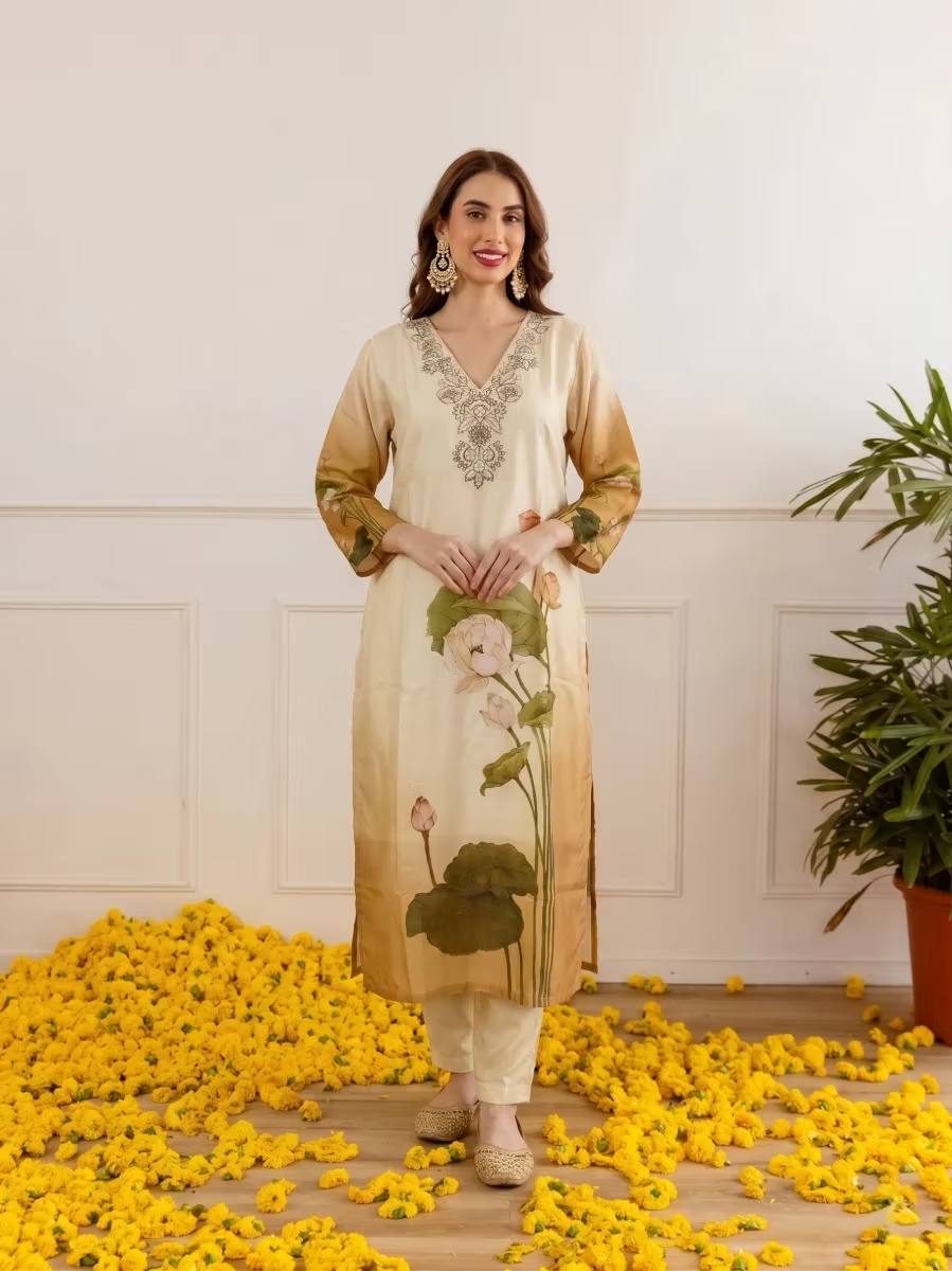 Floral Embroidery Cotton Silk Kurti