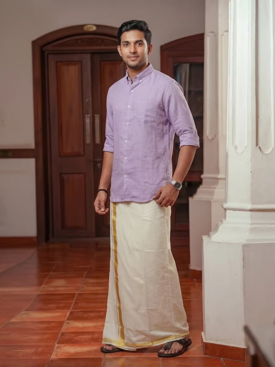 Lavender Linen Cotton Shirt and Kasavu Mundu Dhoti Combo