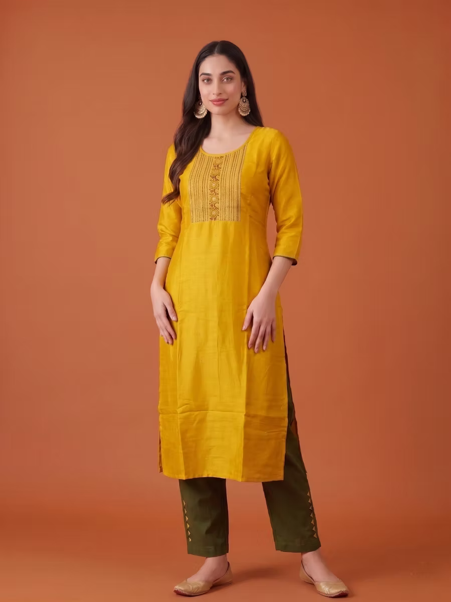 Honey Yellow Embroidered Kurta Set with Olive Dupatta