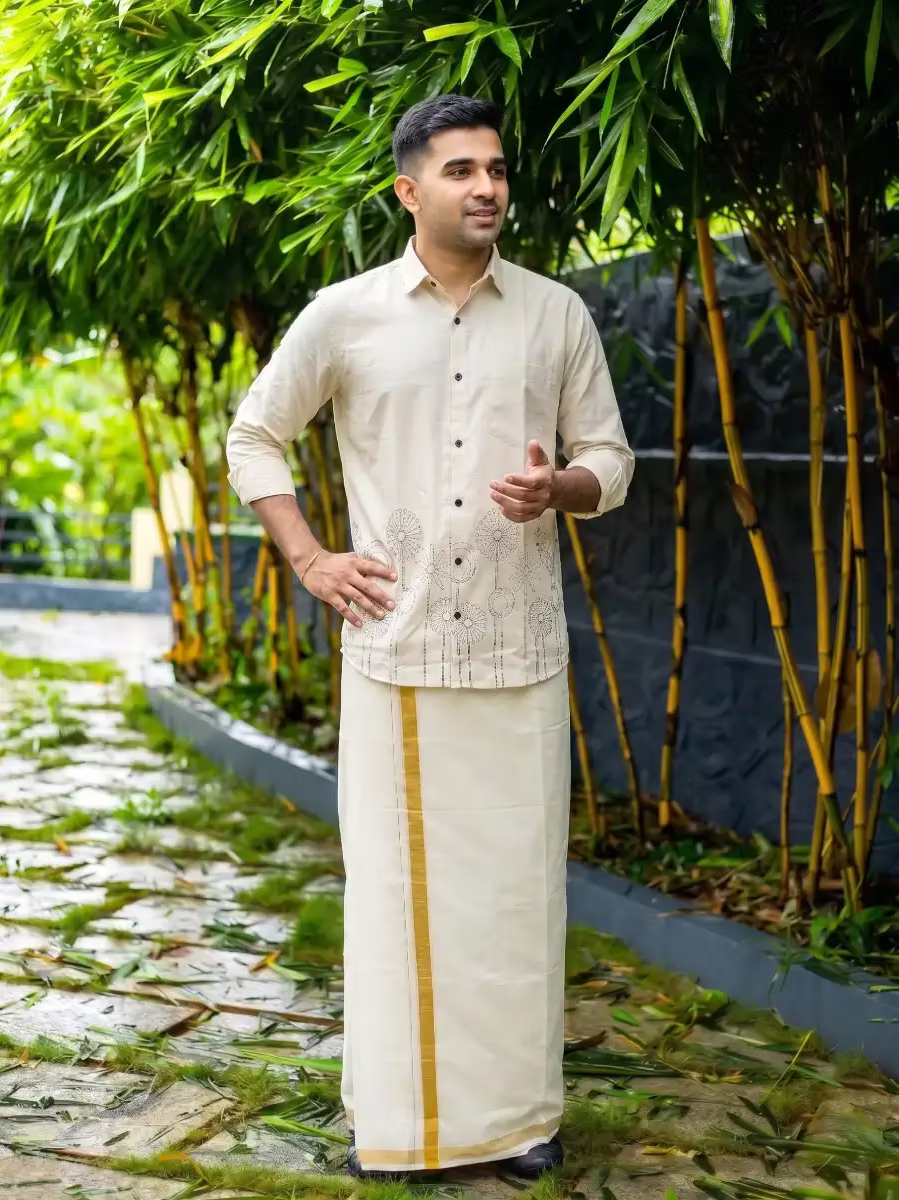 Beige Floral Motif Cotton Shirt and Kasavu Mundu Dhoti Combo