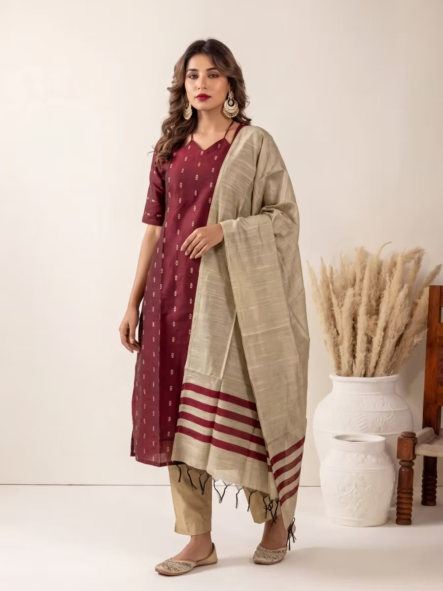 Maroon Beige Motif Kurta Set With Tassel Dupatta
