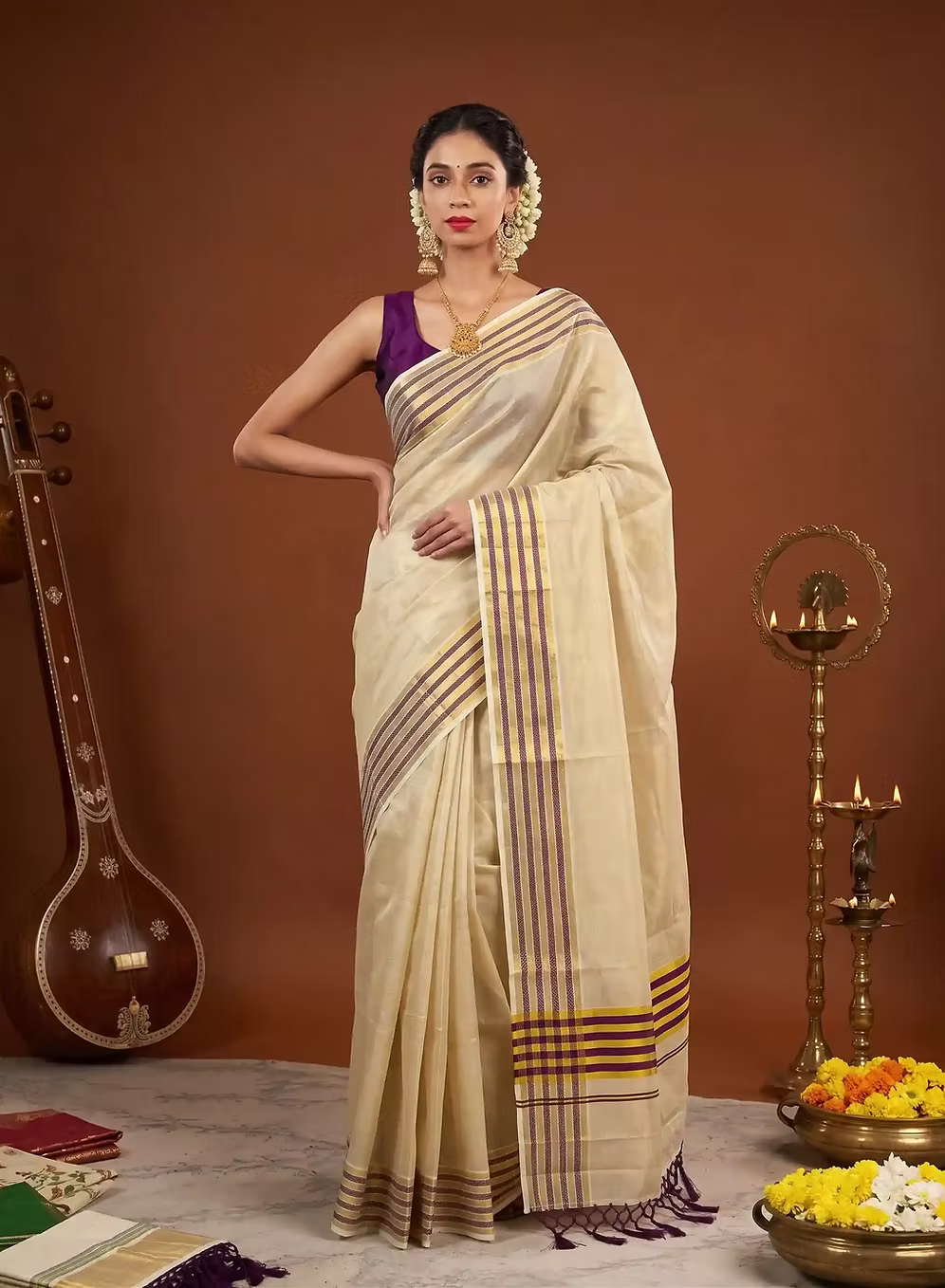 Violet & Golden Stripe Kasavu Tussel Tissue Saree
