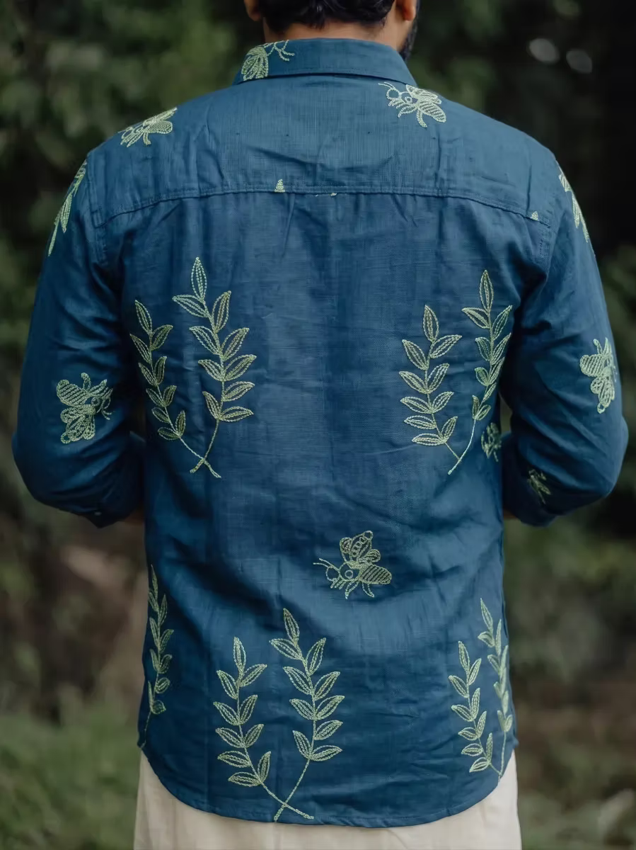 Ocean Teal Botanical Embroidery Cotton Shirt and Kasavu Mundu Dhoti Combo