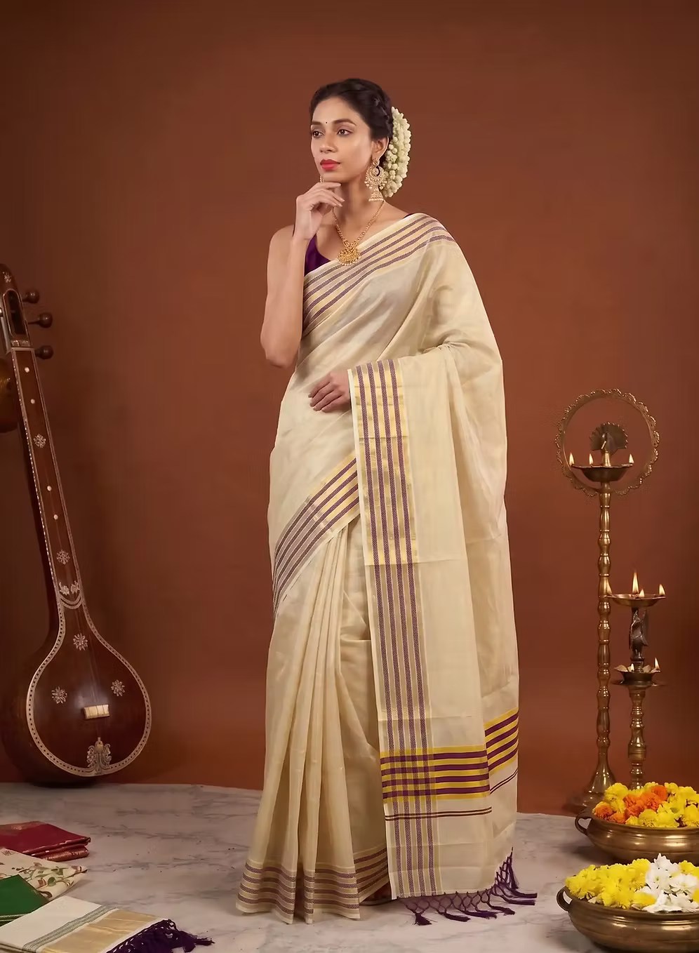 Violet & Golden Stripe Kasavu Tussel Tissue Saree