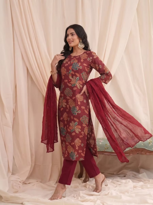 Maroon Multicolor Botanical Kurta Set with Dupatta