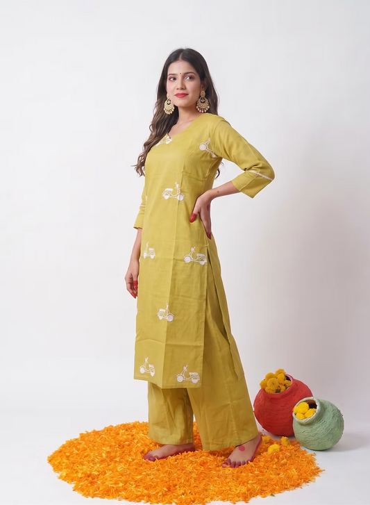 Pear Green Scooter Motif Embroidery Kurta Set