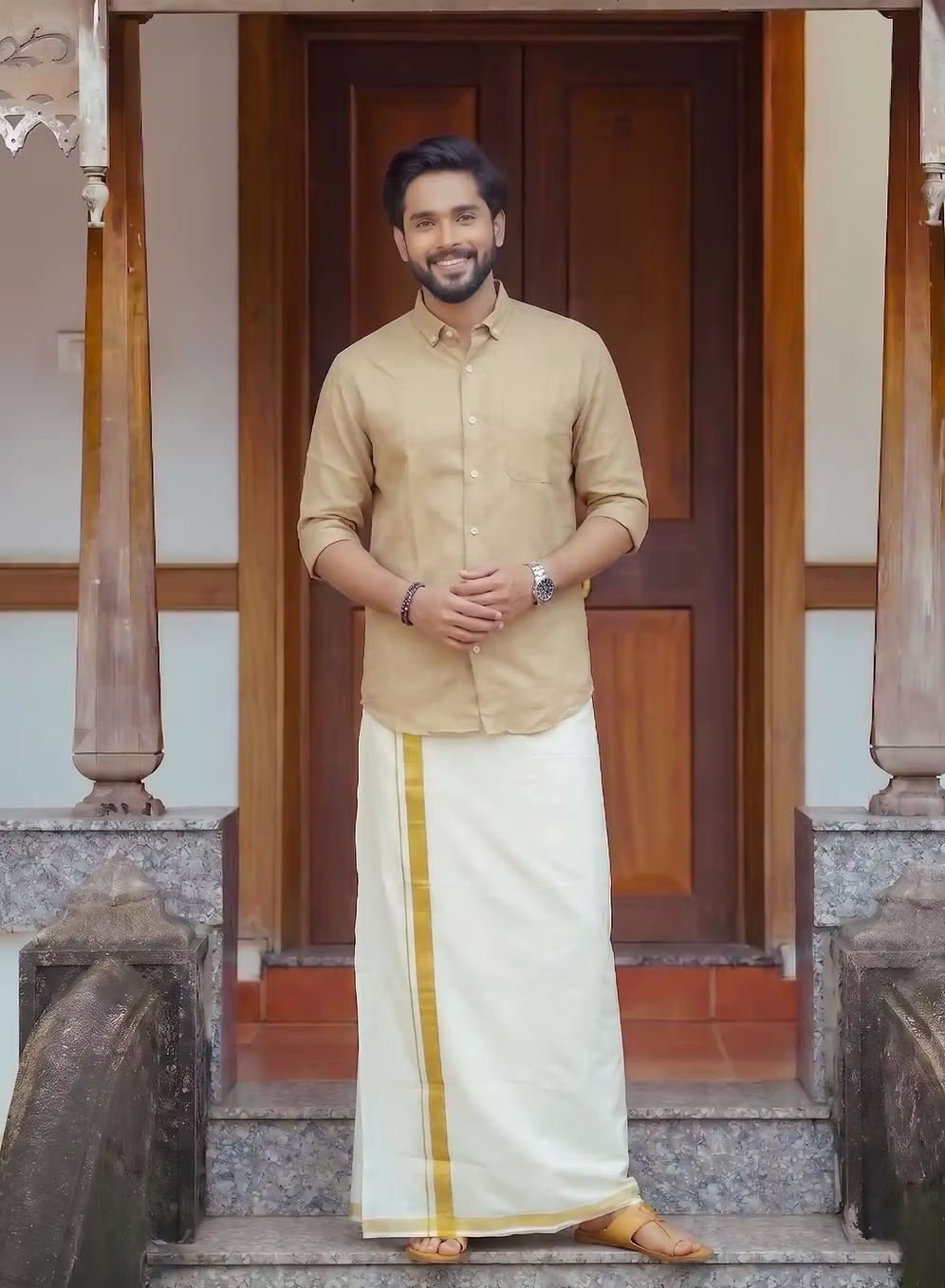 Sand Beige Linen Cotton Shirt and Kasavu Mundu Dhoti Combo