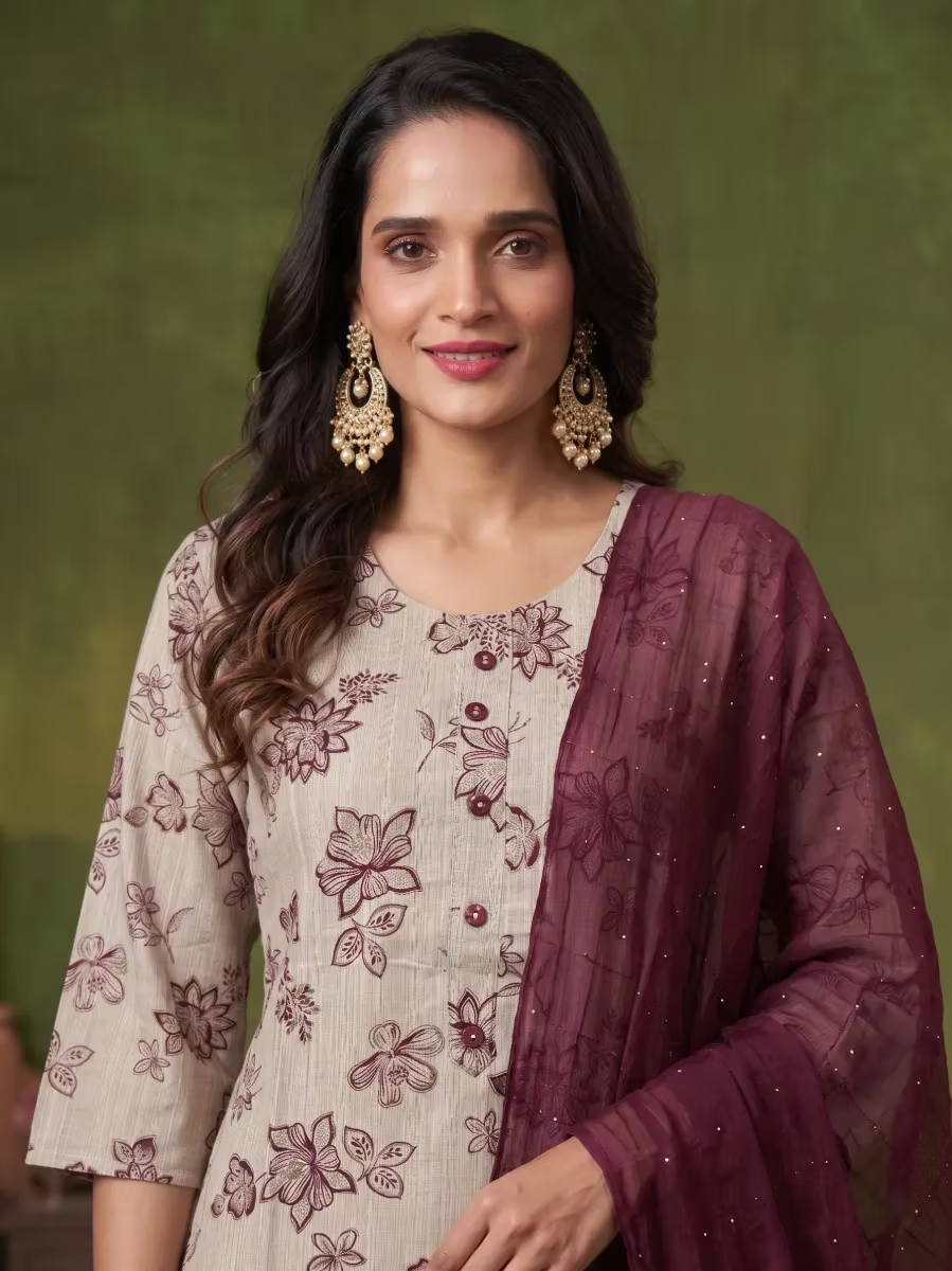 Beige Floral Kurta Set with Burgundy Dupatta