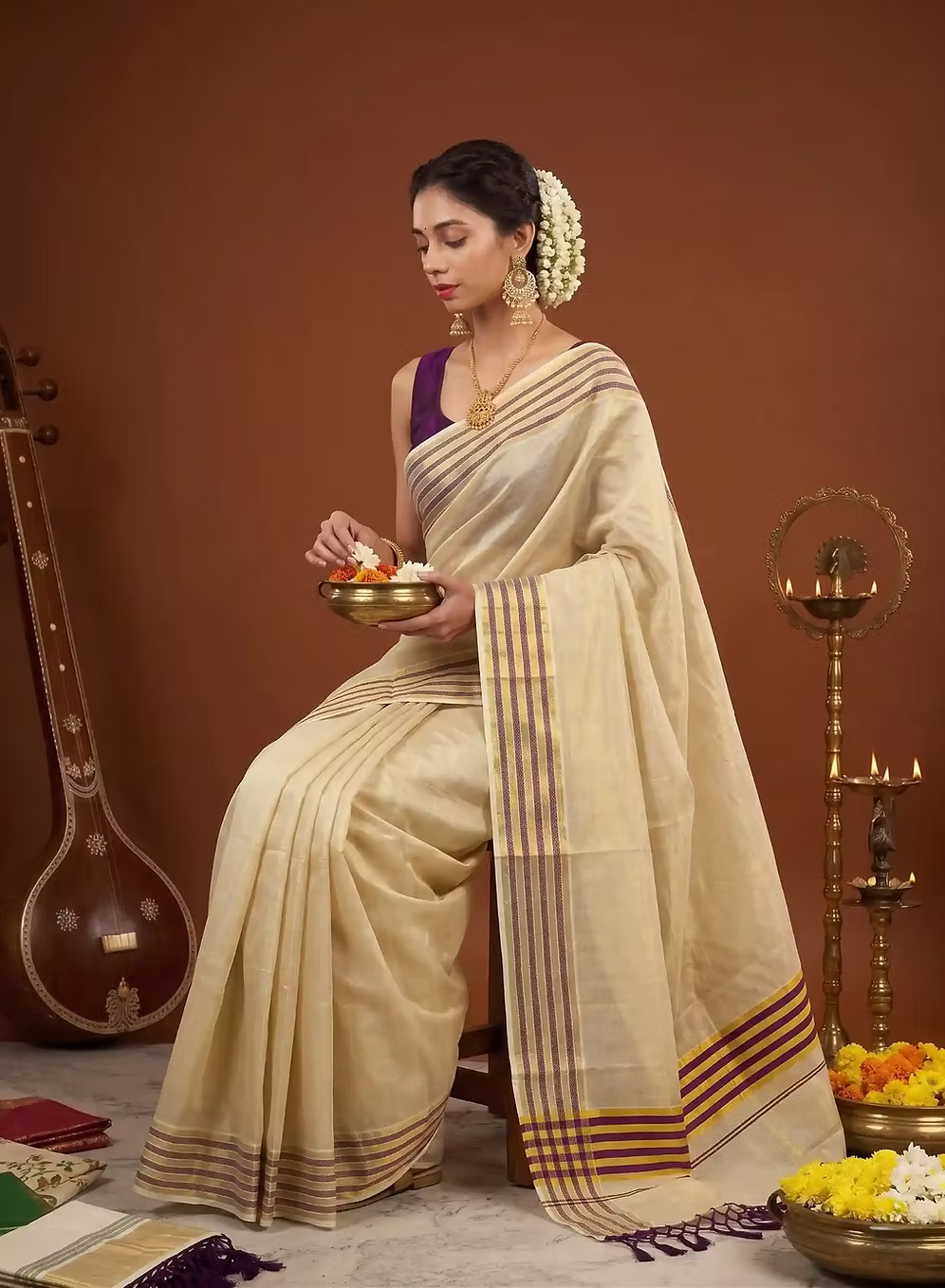 Violet & Golden Stripe Kasavu Tussel Tissue Saree
