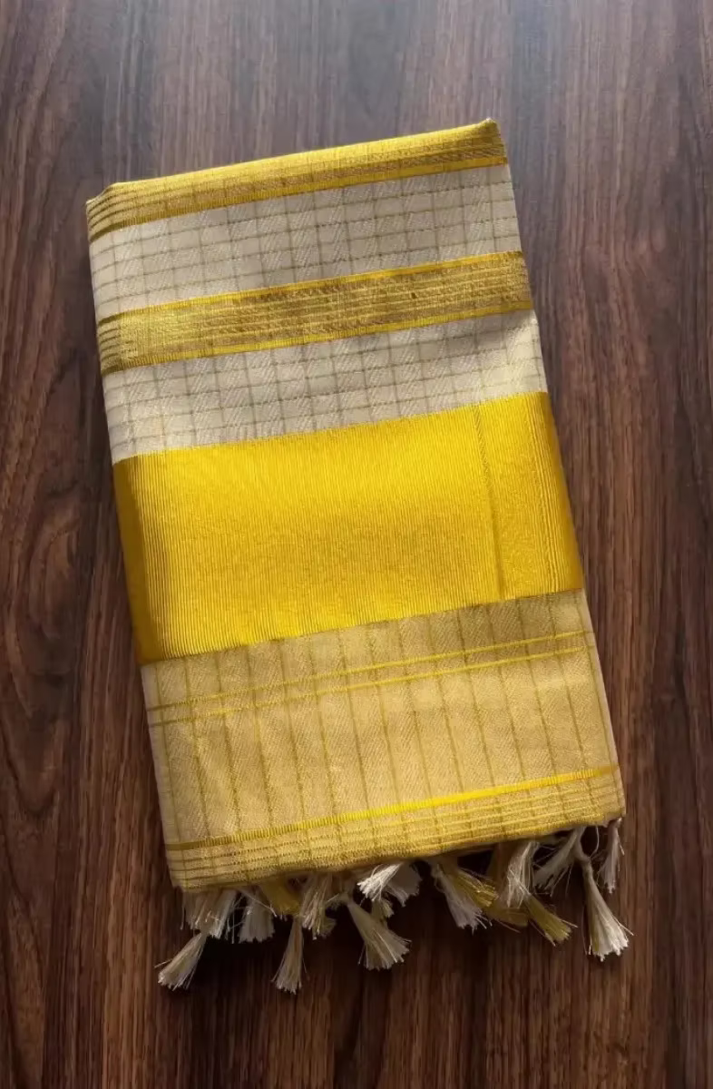 Golden Block Stripe Tassel Tissue Kasavu Saree with Running Blouse