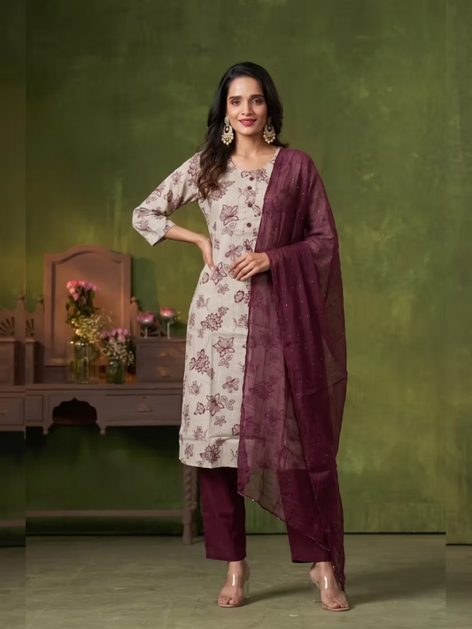 Beige Floral Kurta Set with Burgundy Dupatta