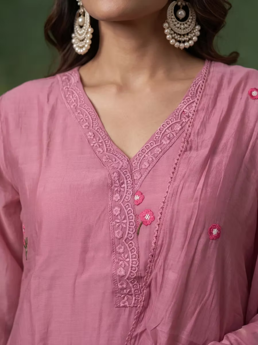 Onion Pink Floral Embroidery 3 Piece Kurta Trouser Set