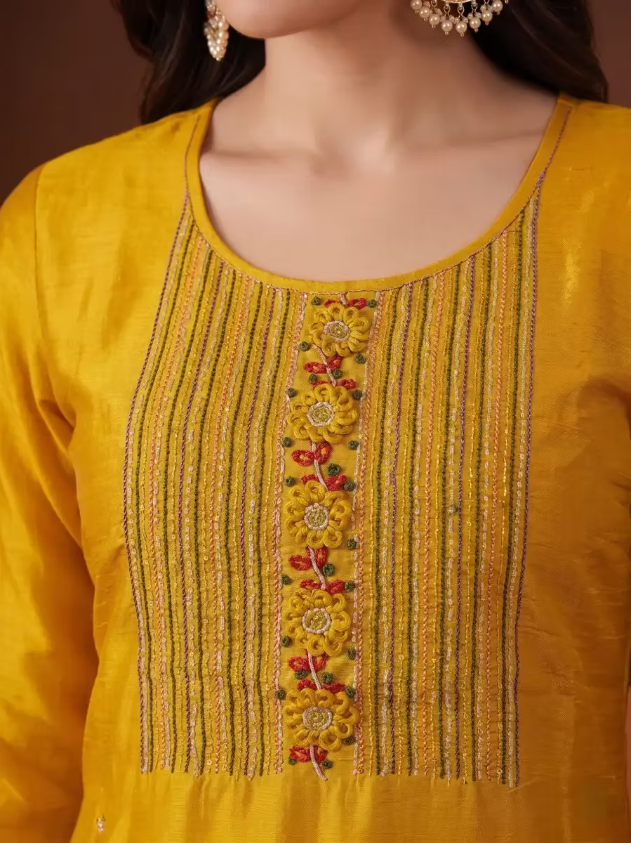 Honey Yellow Embroidered Kurta Set with Olive Dupatta