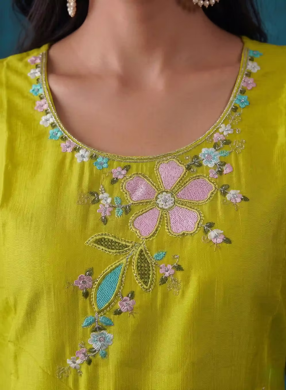 Lime Yellow Multicolor Bloom Embroidery Kurta Set With Turquoise Dupatta