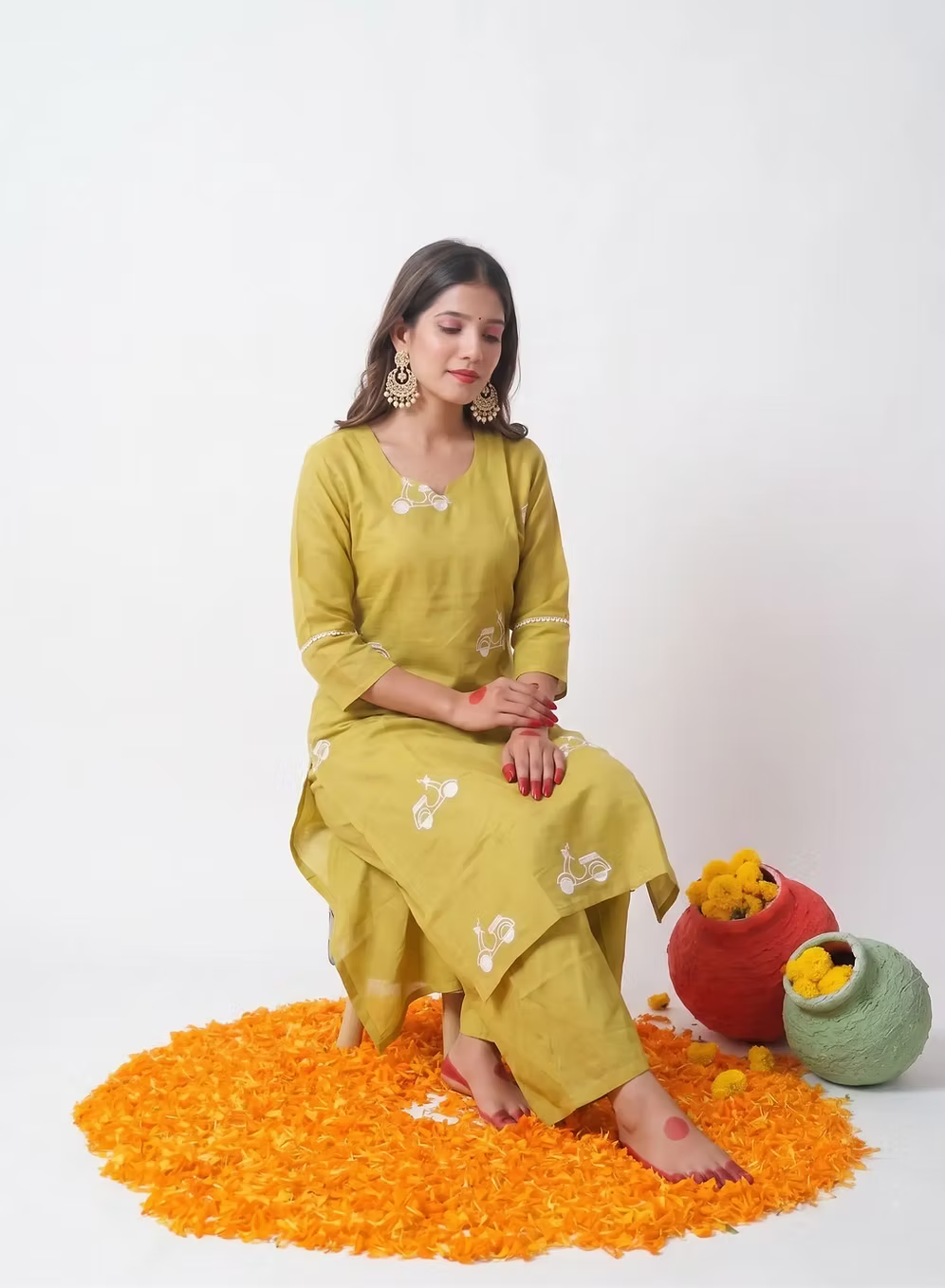 Pear Green Scooter Motif Embroidery Kurta Set