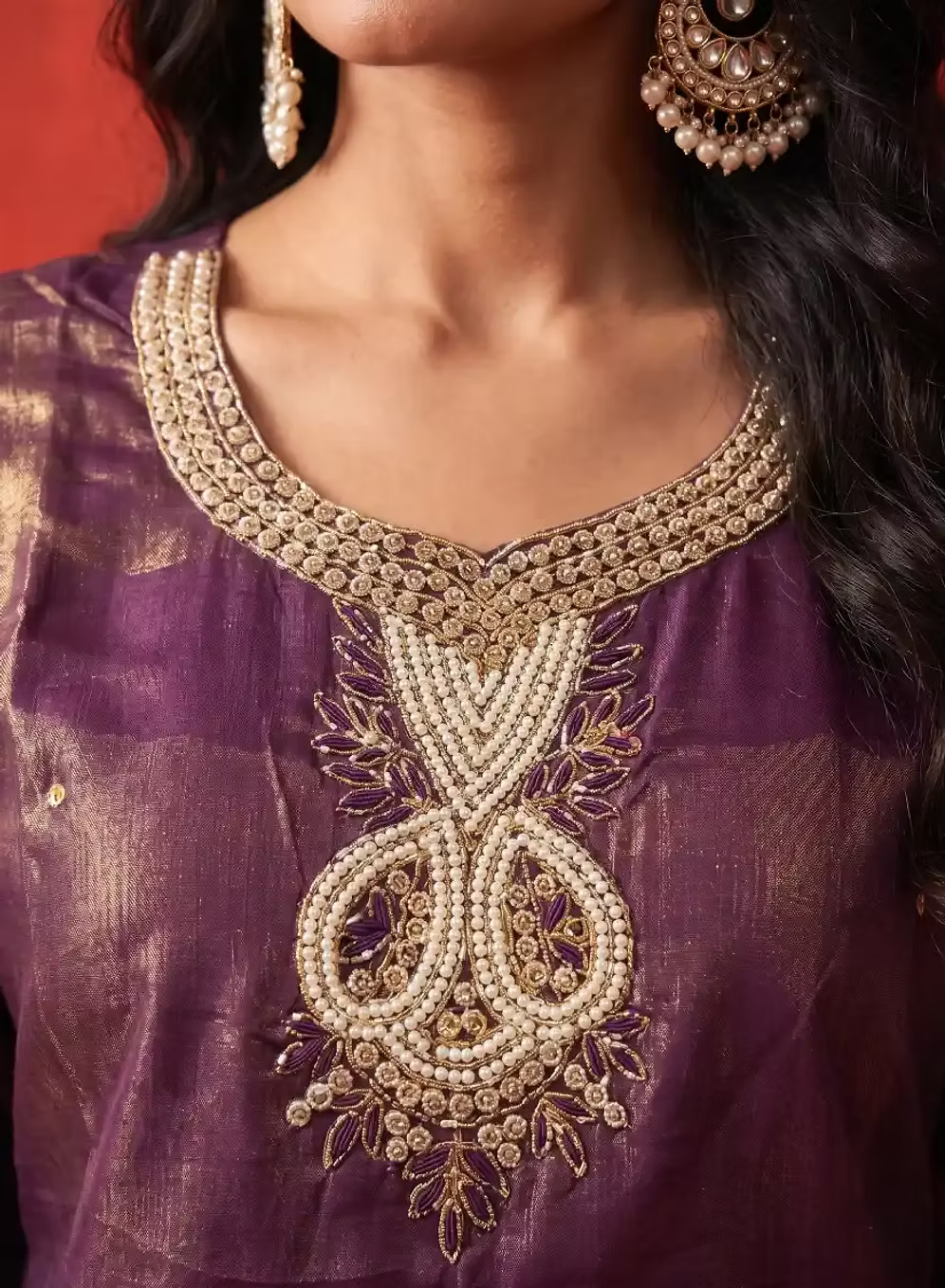 Dark Plum Gold Zari Handwork Kurta Set With Floral Dupatta