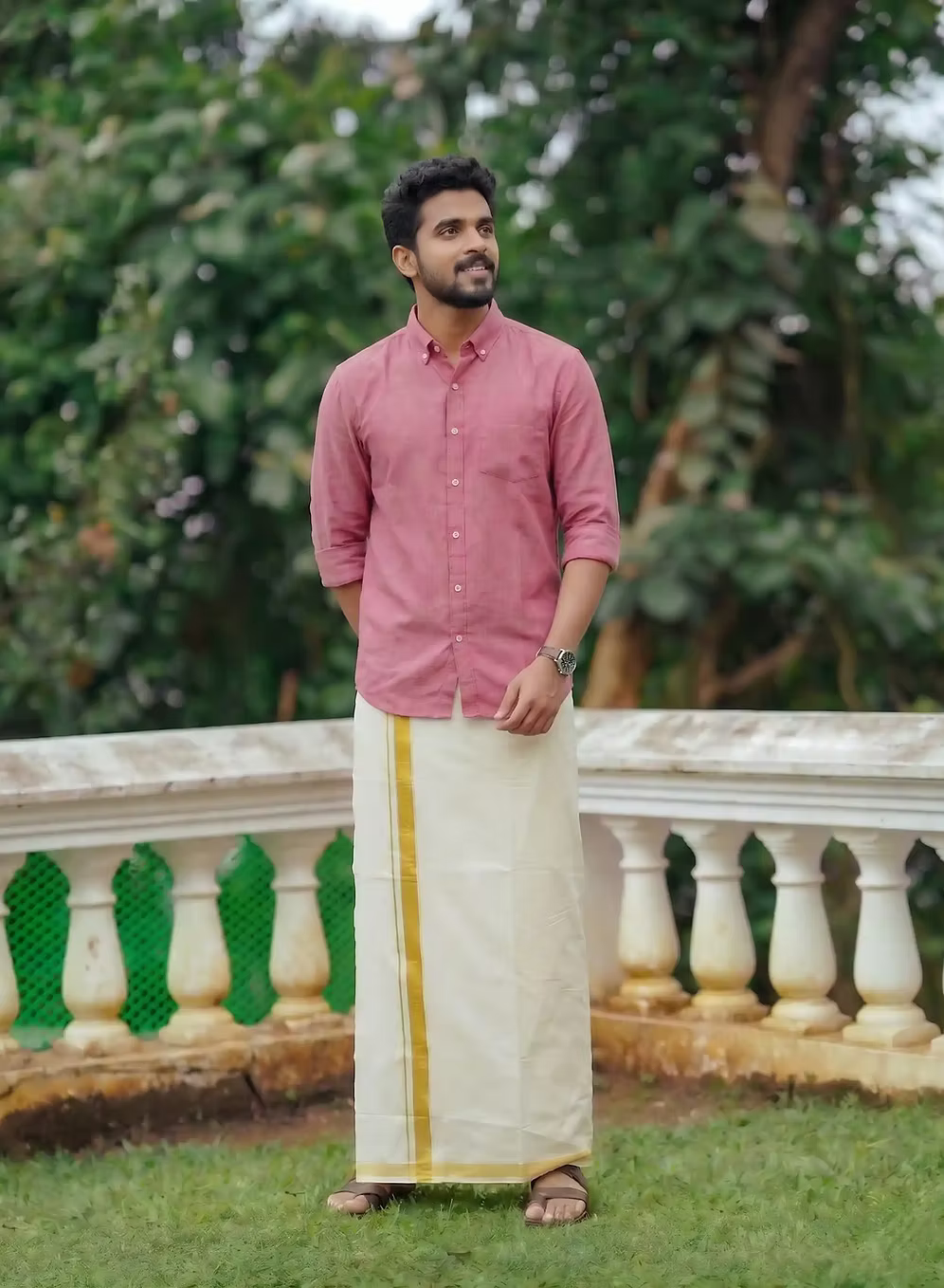 Rose Pink Linen Cotton Shirt and Kasavu Mundu Dhoti Combo