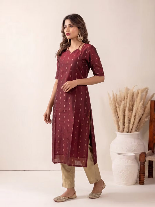 Maroon Beige Motif Kurta Set With Tassel Dupatta
