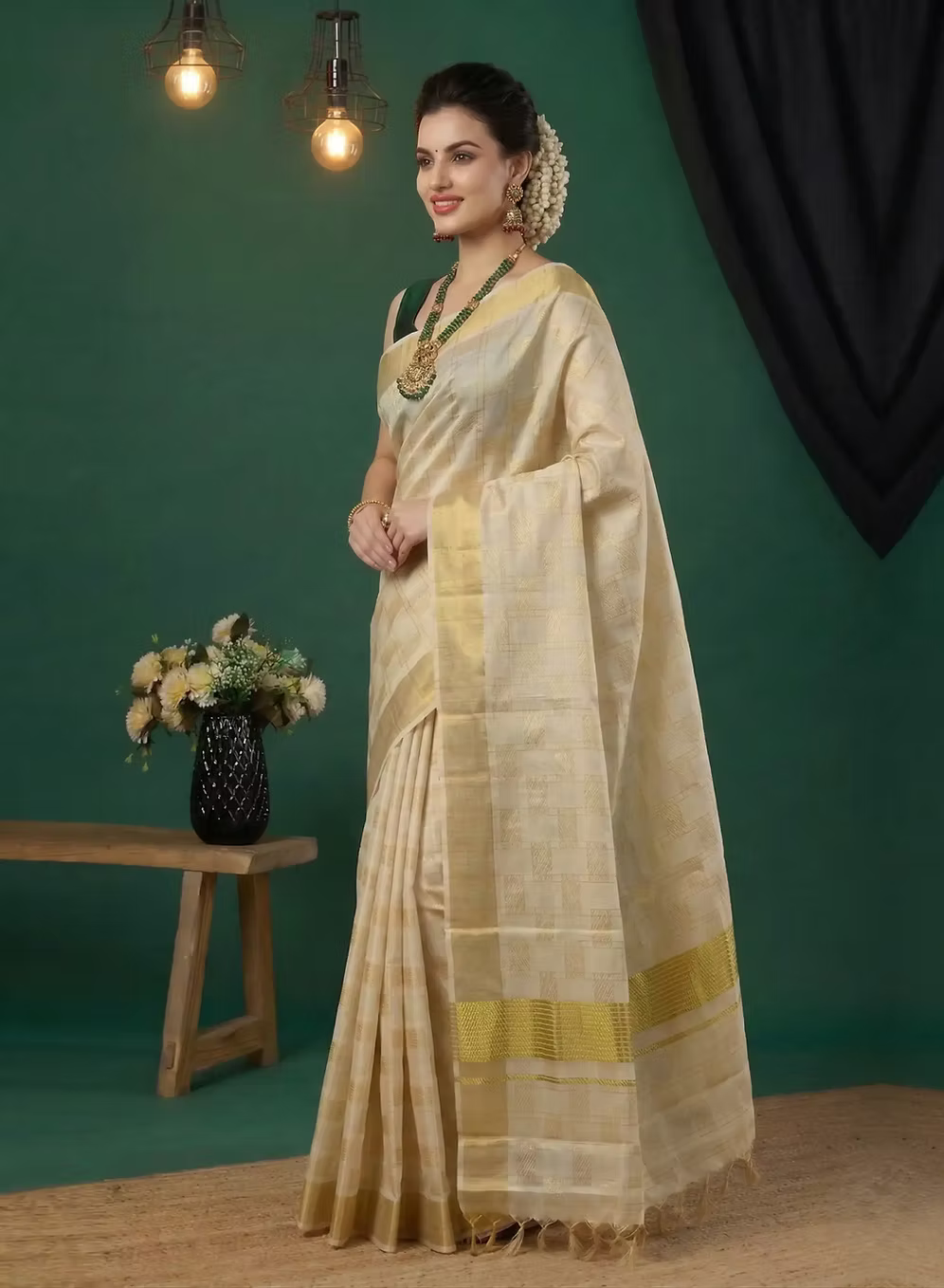 Golden Check Stripe Kasavu Cotton Saree With Tussel