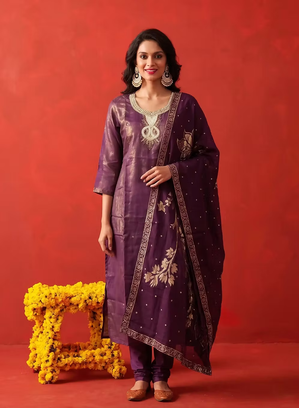 Dark Plum Gold Zari Handwork Kurta Set With Floral Dupatta