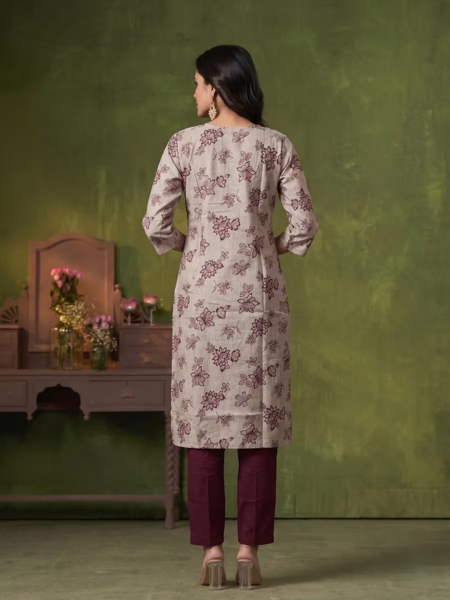 Beige Floral Kurta Set with Burgundy Dupatta