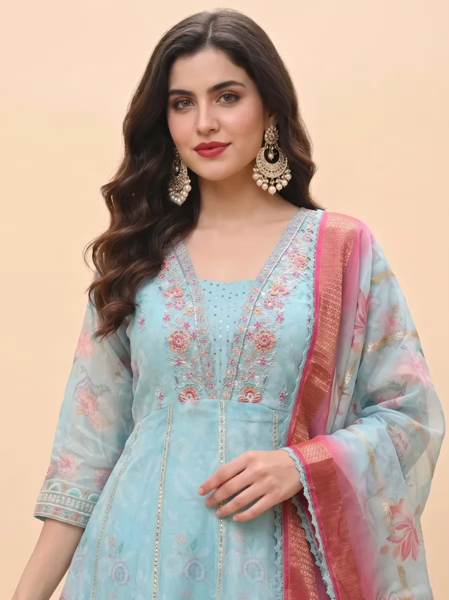 Aqua Blue Floral Embroidery Anarkali Kurti Set