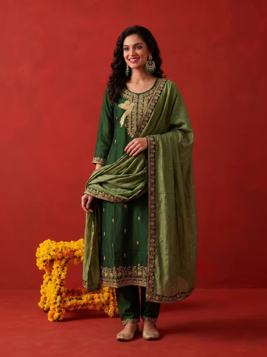 Deep Forest Green Bird Motif Embroidered Kurta Set With Olive Dupatta