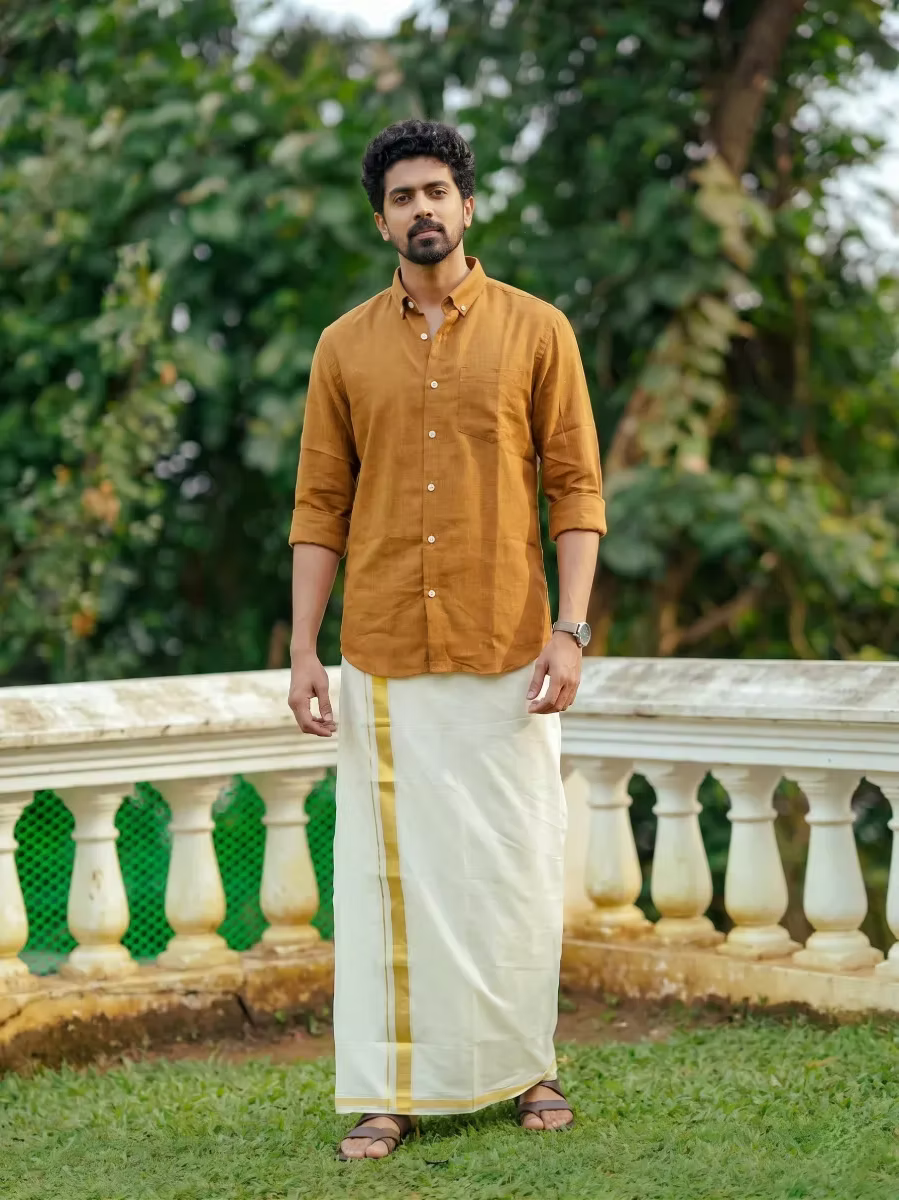 Mustard Yellow Linen Cotton Shirt and Kasavu Mundu Dhoti Combo
