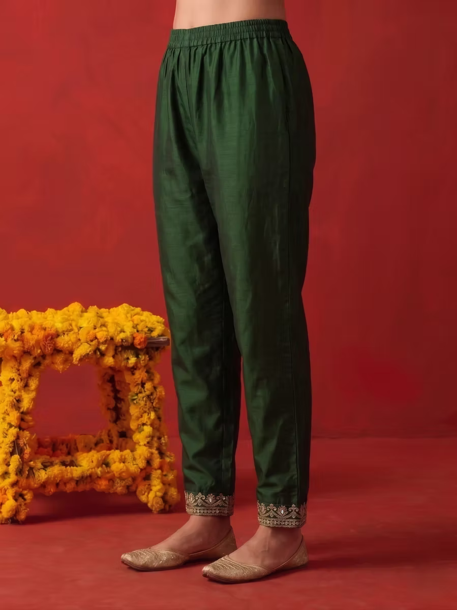 Deep Forest Green Bird Motif Embroidered Kurta Set With Olive Dupatta