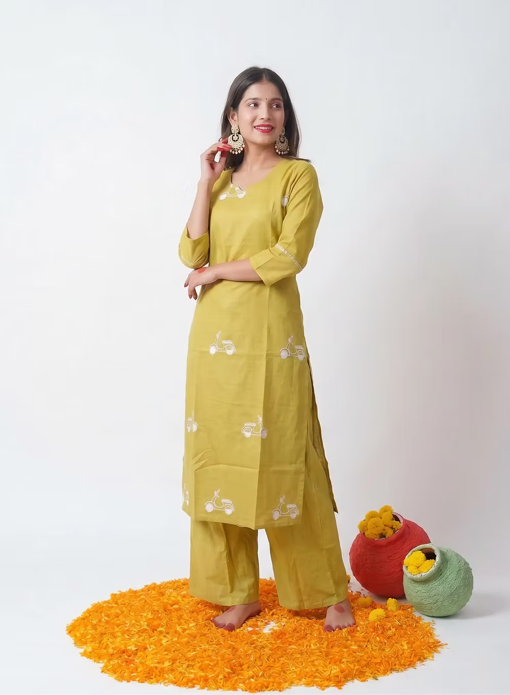 Pear Green Scooter Motif Embroidery Kurta Set
