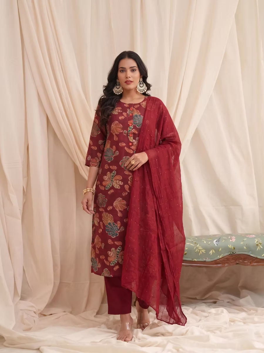 Maroon Multicolor Botanical Kurta Set with Dupatta