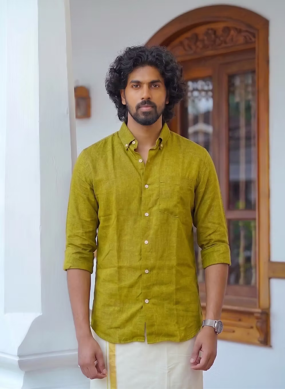 Olive Linen Cotton Shirt and Kasavu Mundu Dhoti Combo